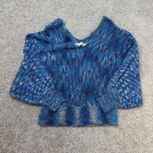 Miss Morena Sweater Womens Large Blue V Neck Open-Knit Sequin Dolman Pullover